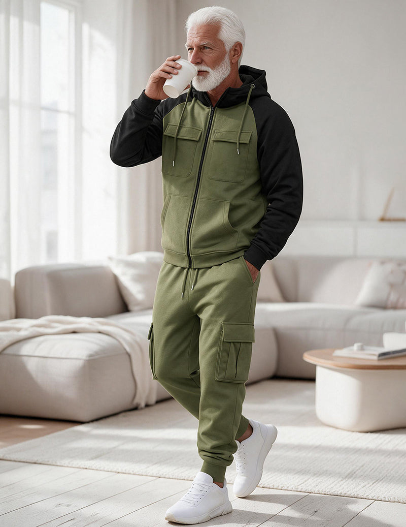 Men Hooded Zip Up Jacket and Cargo Pants Set