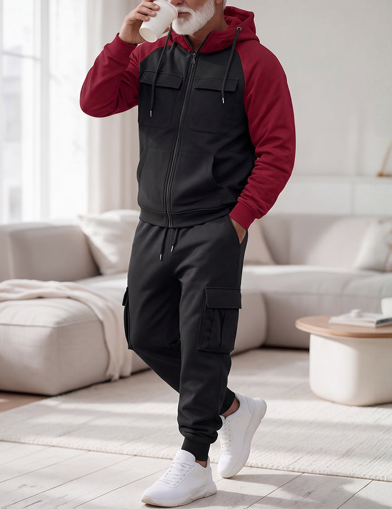 Men Hooded Zip Up Jacket and Cargo Pants Set