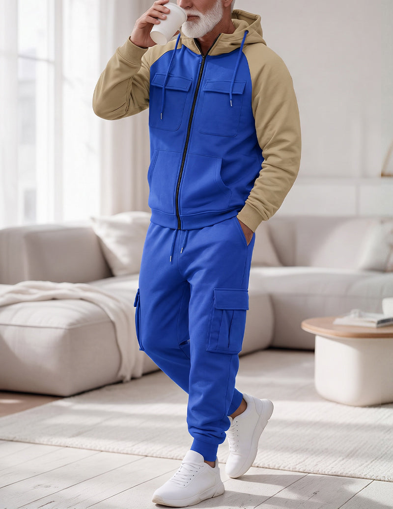 Men Hooded Zip Up Jacket and Cargo Pants Set