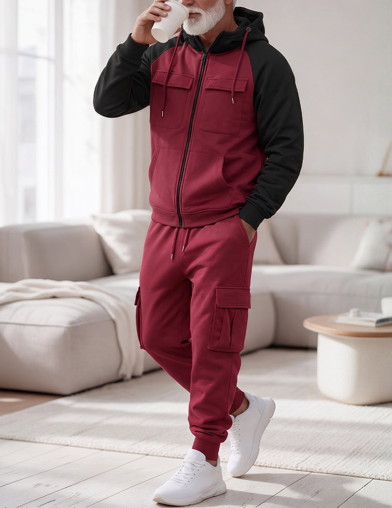 Men Hooded Zip Up Jacket and Cargo Pants Set