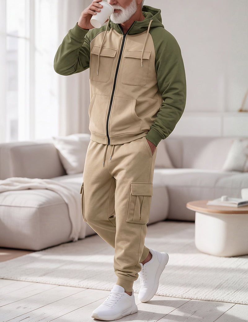 Men Hooded Zip Up Jacket and Cargo Pants Set