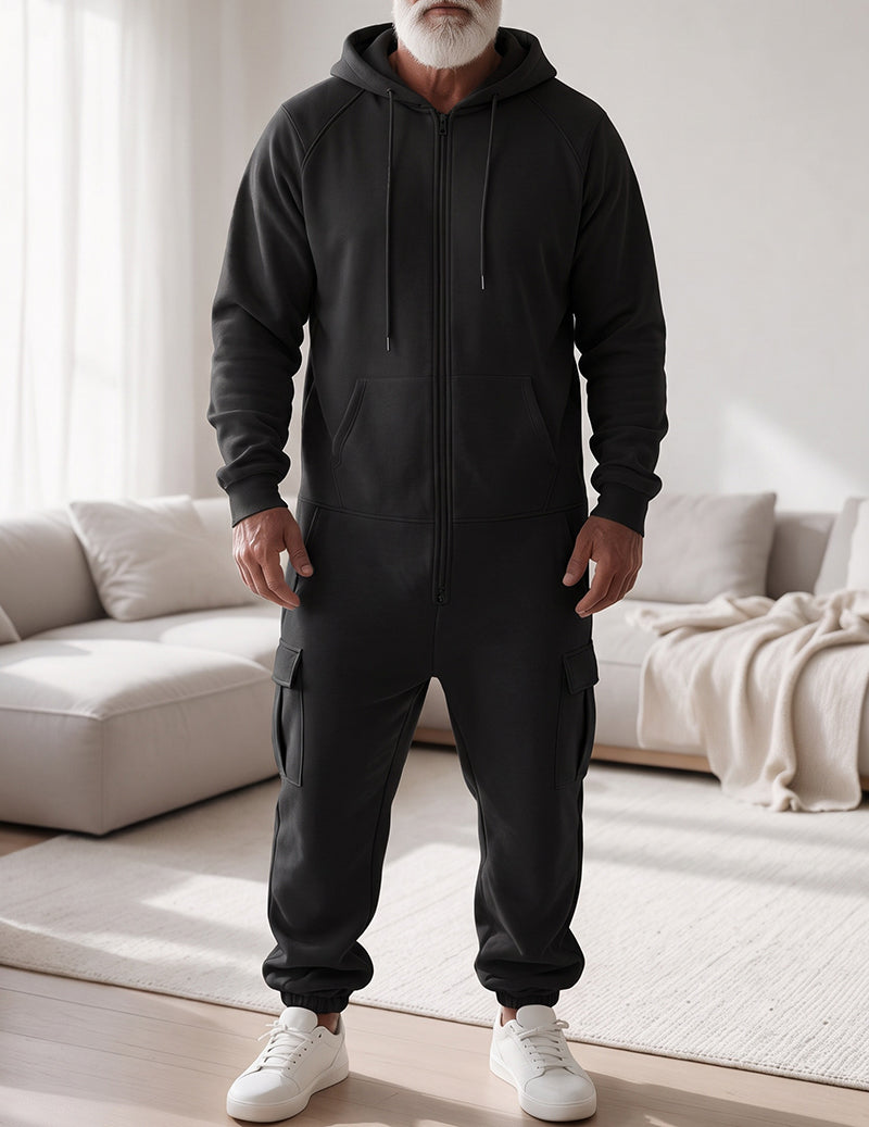 Men Fleece Hooded Zip Up Jumpsuit