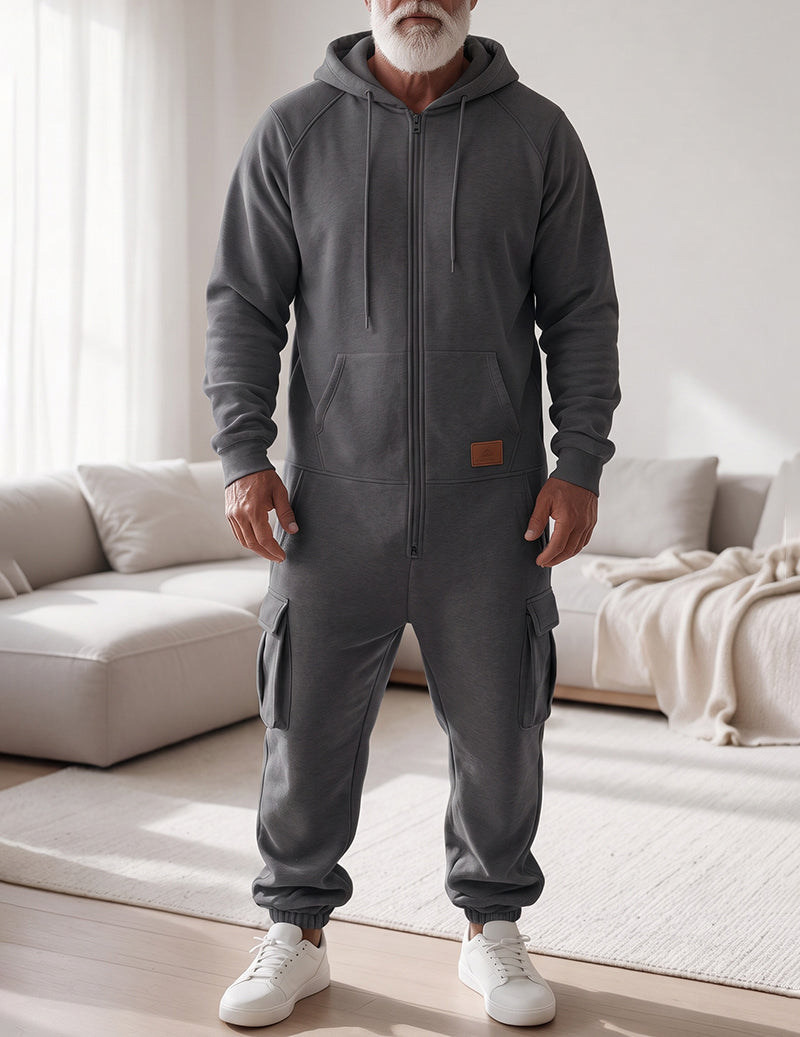 Men Fleece Hooded Zip Up Jumpsuit