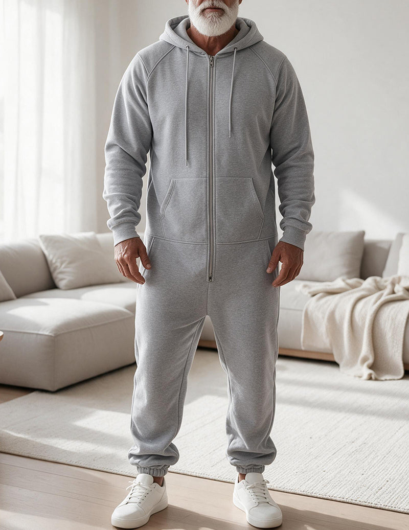 Men Fleece Hooded Zip Up Jumpsuit