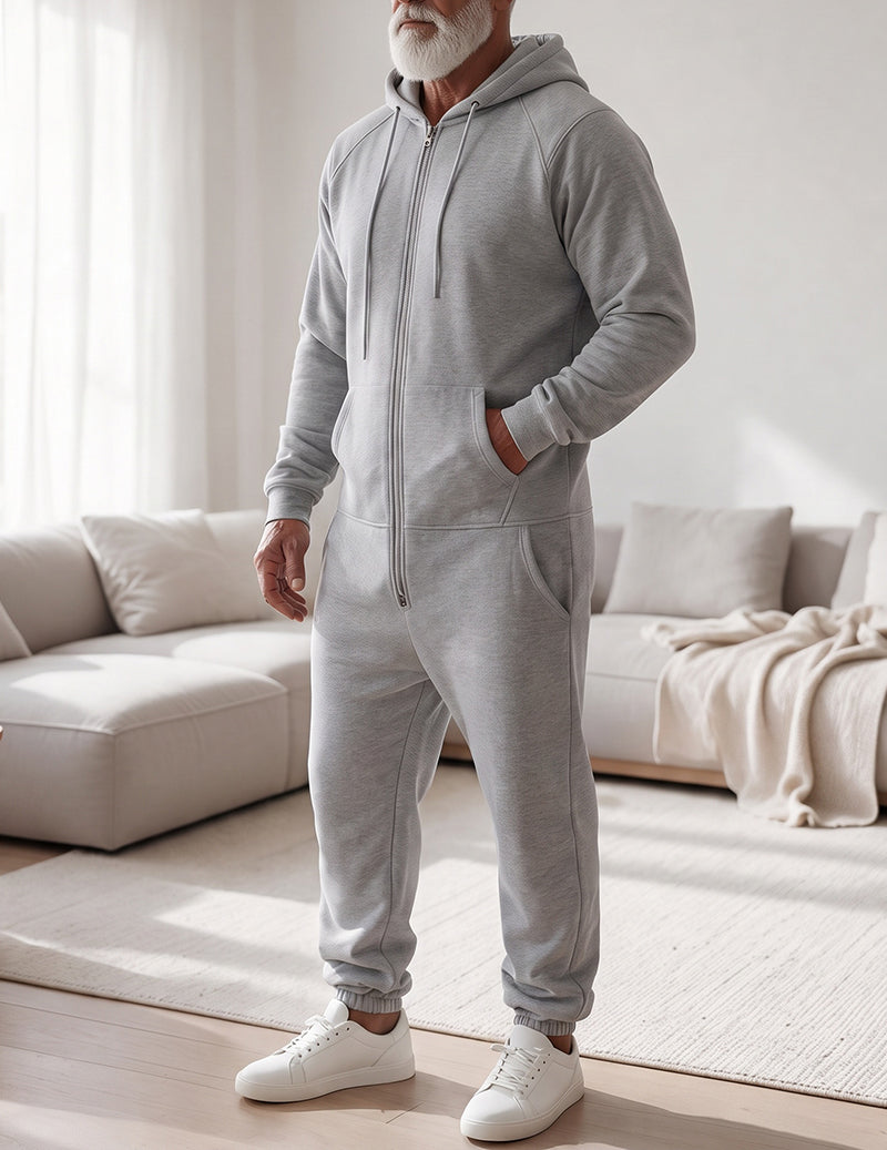 Men Fleece Hooded Zip Up Jumpsuit
