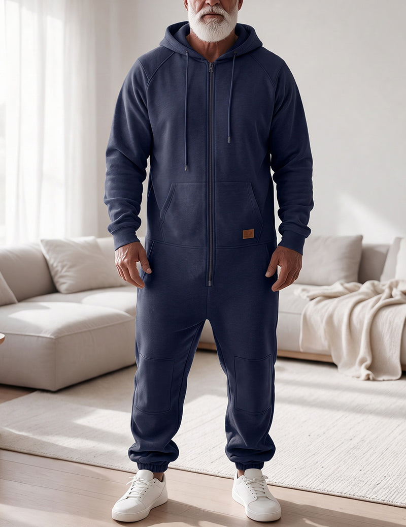 Men Fleece Hooded Zip Up Jumpsuit
