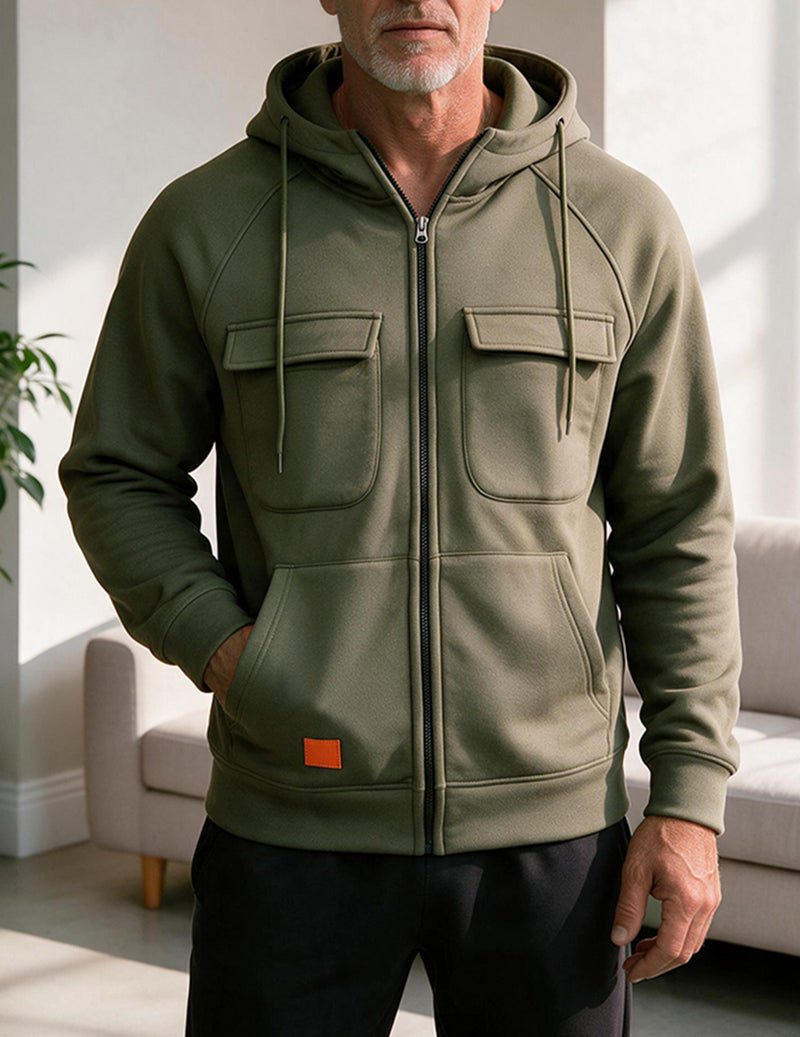 Men Multi Pocket Hooded Zip Up Jacket
