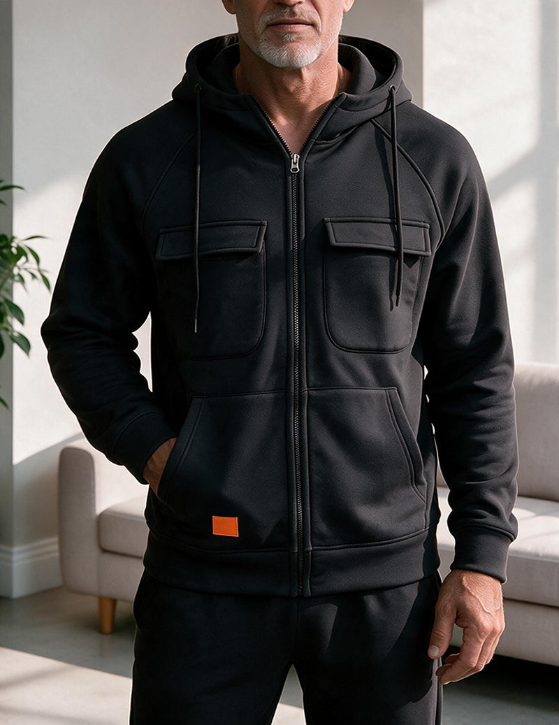 Men Multi Pocket Hooded Zip Up Jacket
