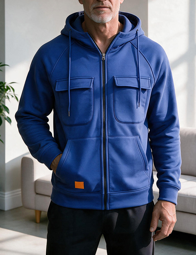 Men Multi Pocket Hooded Zip Up Jacket