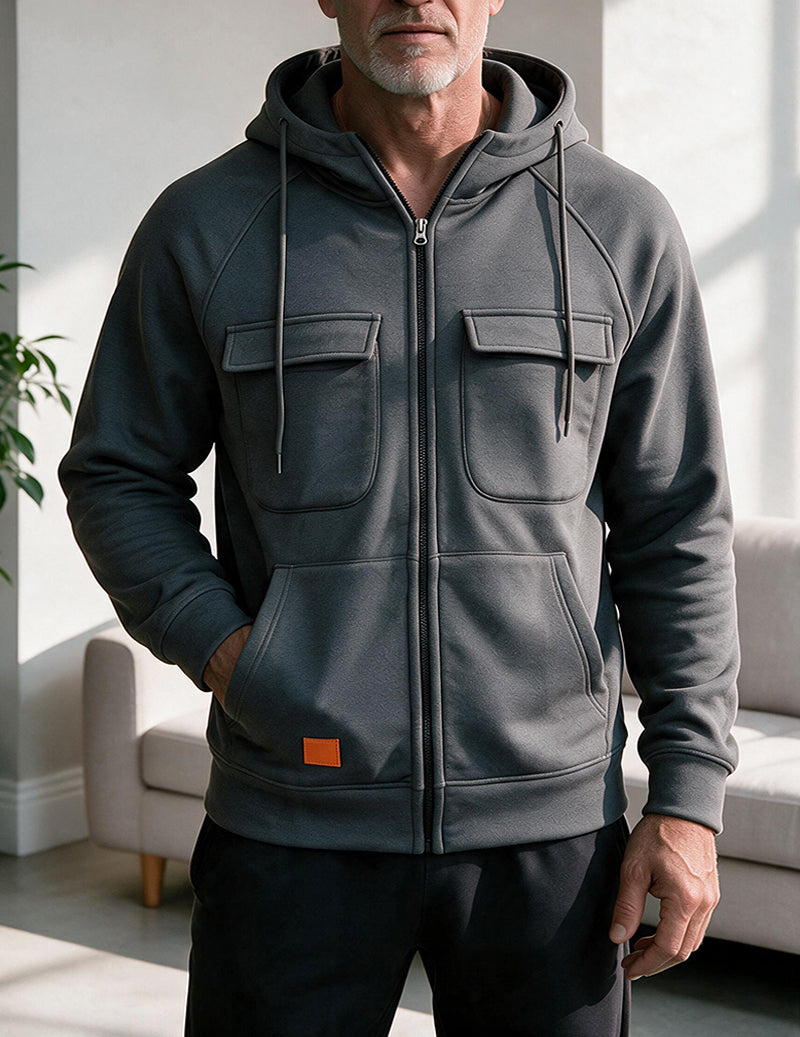 Men Multi Pocket Hooded Zip Up Jacket