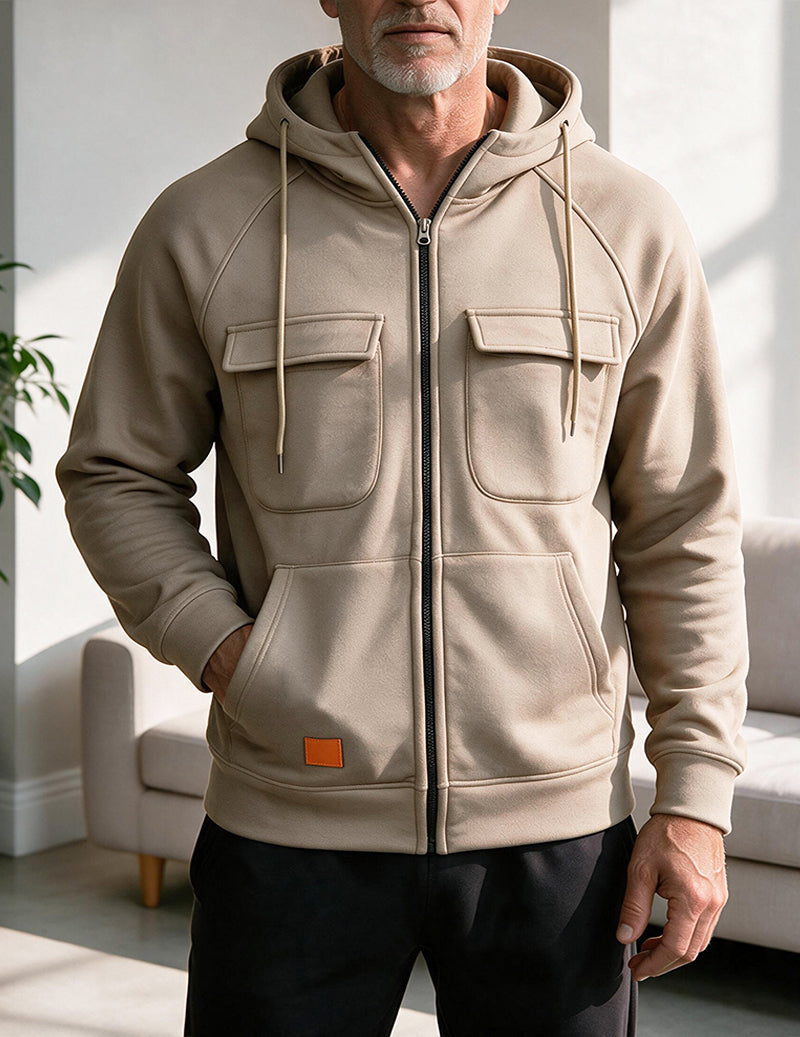 Men Multi Pocket Hooded Zip Up Jacket