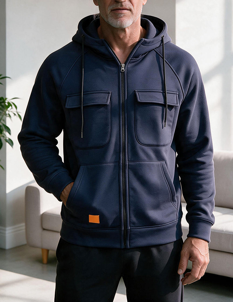 Men Multi Pocket Hooded Zip Up Jacket