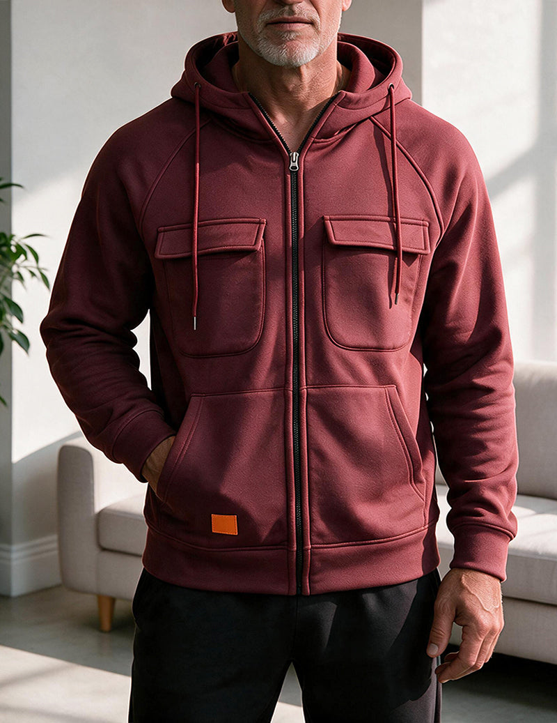 Men Multi Pocket Hooded Zip Up Jacket