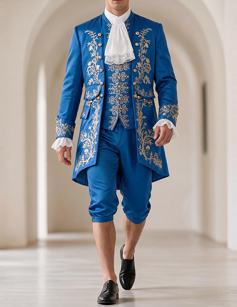 Men's baroque prince costume set in sky blue: embroidered coat, vest, cropped pants