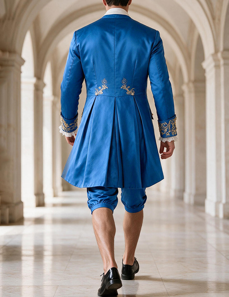 Men's baroque prince costume set in sky blue: embroidered long coat back, cropped pants