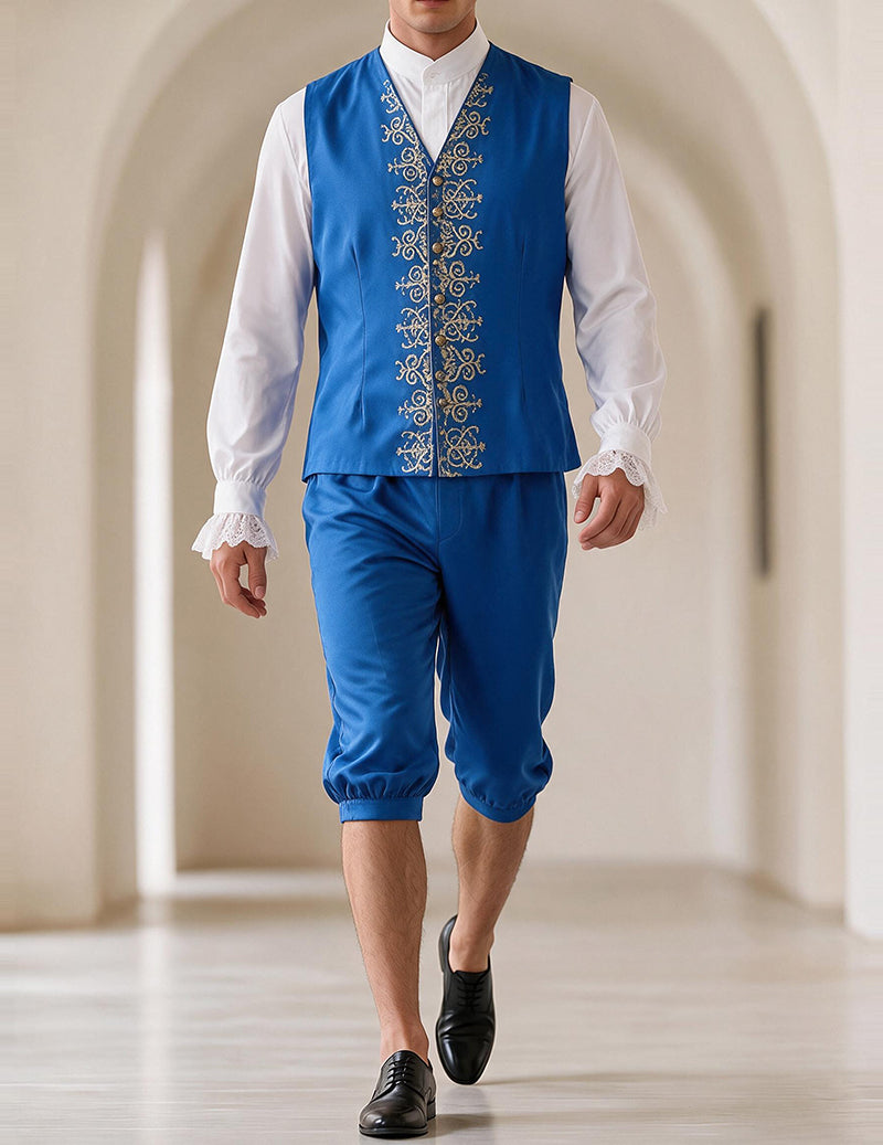 Men's baroque prince costume set in sky blue: embroidered vest over white shirt, cropped pants
