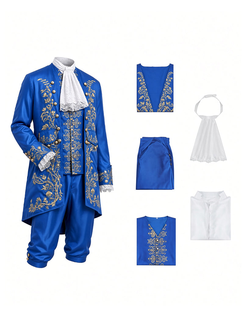 Men's baroque prince costume set pieces: sky blue embroidered coat, vest, pants, white collar