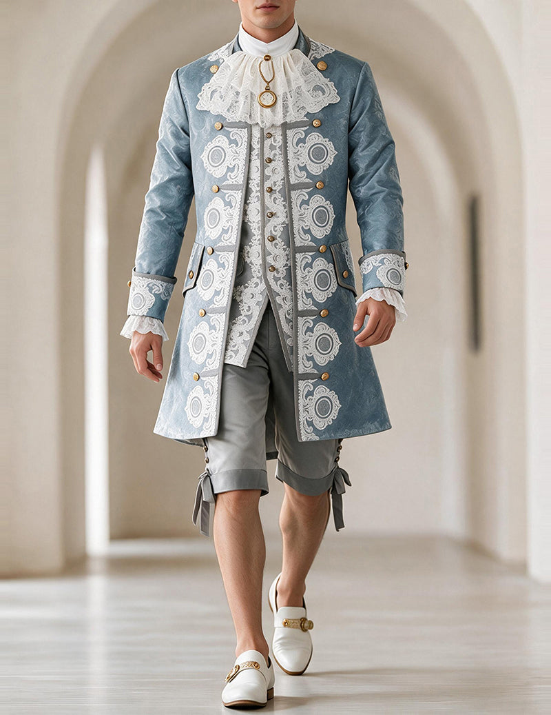 Light blue patterned Victorian coat with ruffled jabot and gold-tone button details