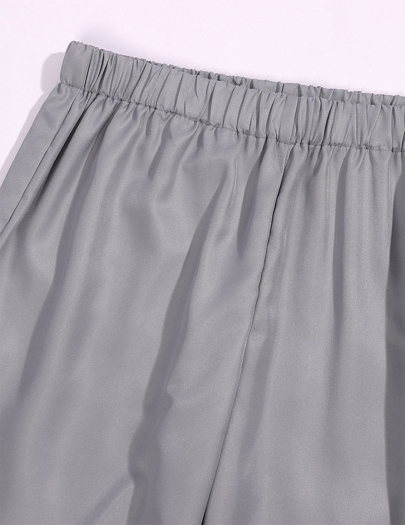 Gray gathered-waist shorts with pleated front and simple side ties