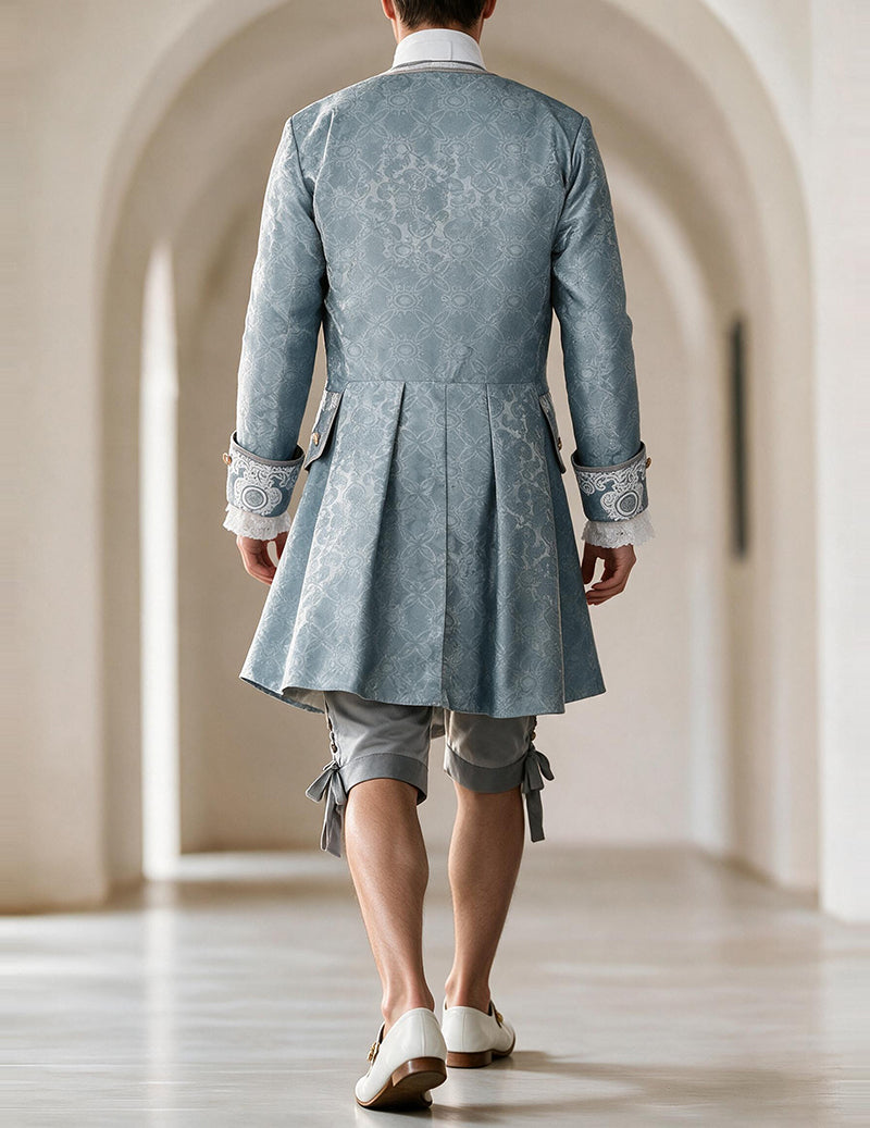 Back view of light blue patterned Victorian coat with gathered waist and cuff trim