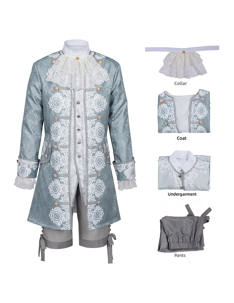 Men's Victorian costume set: patterned coat, collar pieces, undergarment, and pants