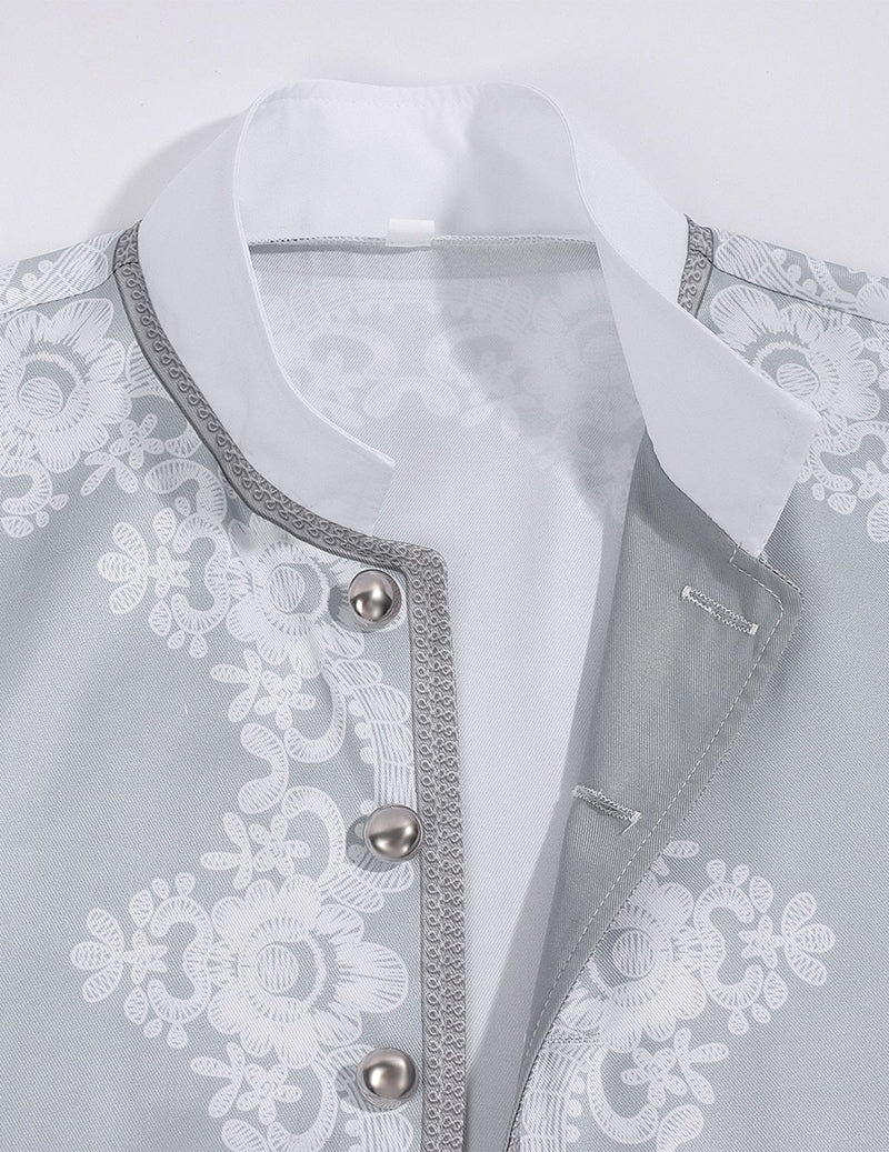 White shirt with light blue patterned vest panel and silver snap button placket