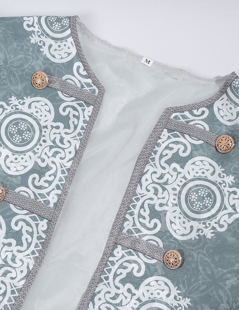 Close-up of light blue jacquard coat fabric with ornate scroll pattern and gold buttons