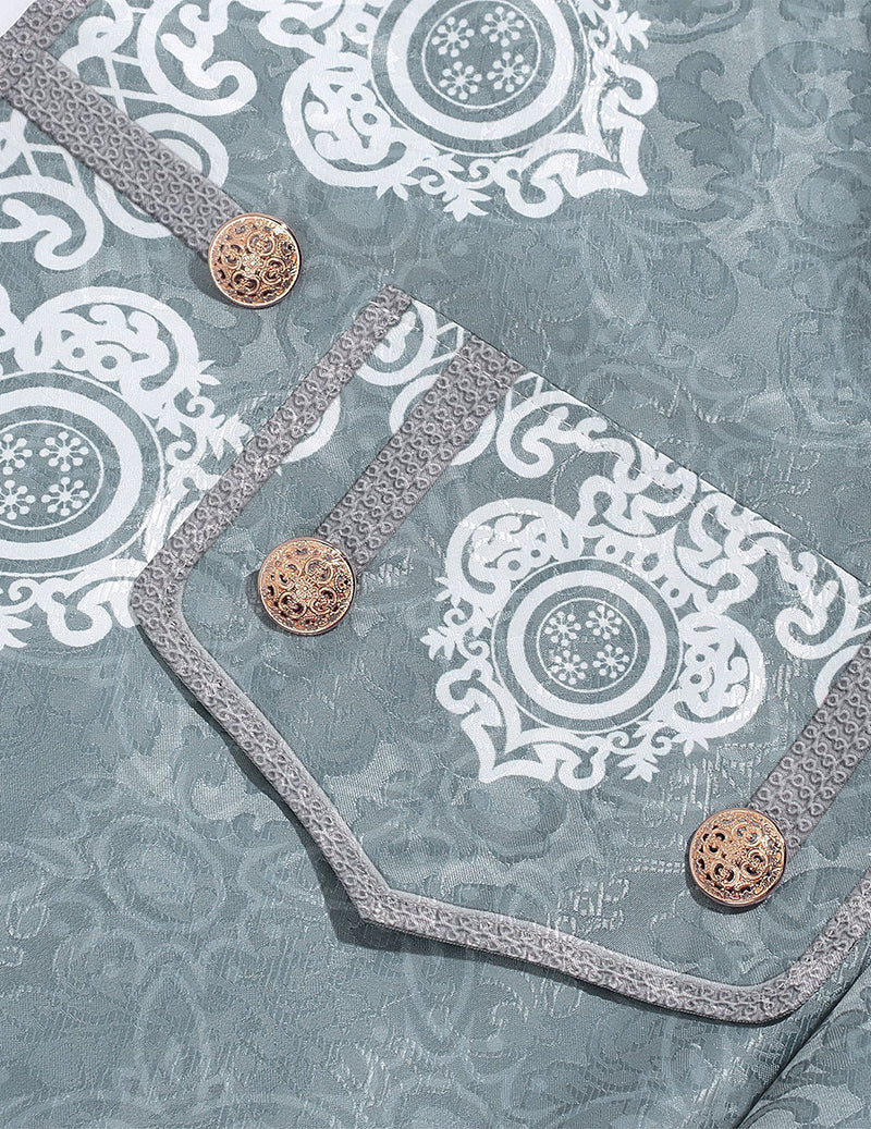 Light blue jacquard vest front with ornamental trim and round gold-tone buttons