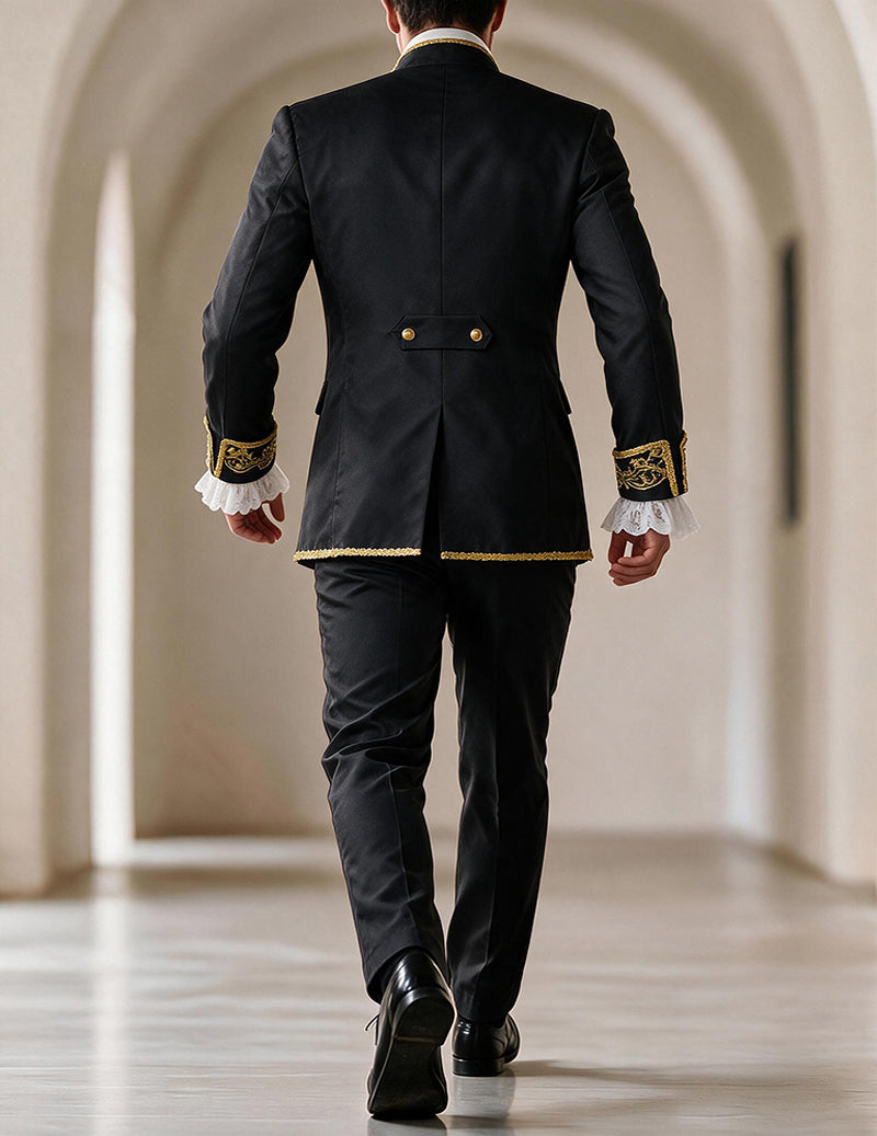 Men’s black medieval coat and pants set, gold embroidered trim, back view