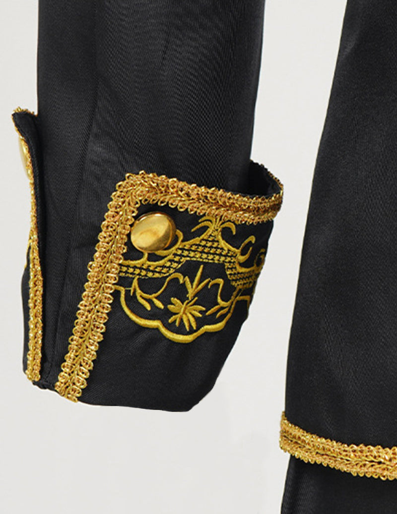 Black sleeve cuff with gold embroidered trim and round gold button detail