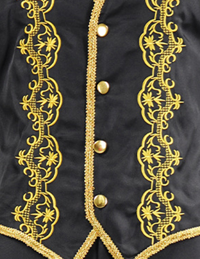 Black embroidered vest front with gold trim and gold button row