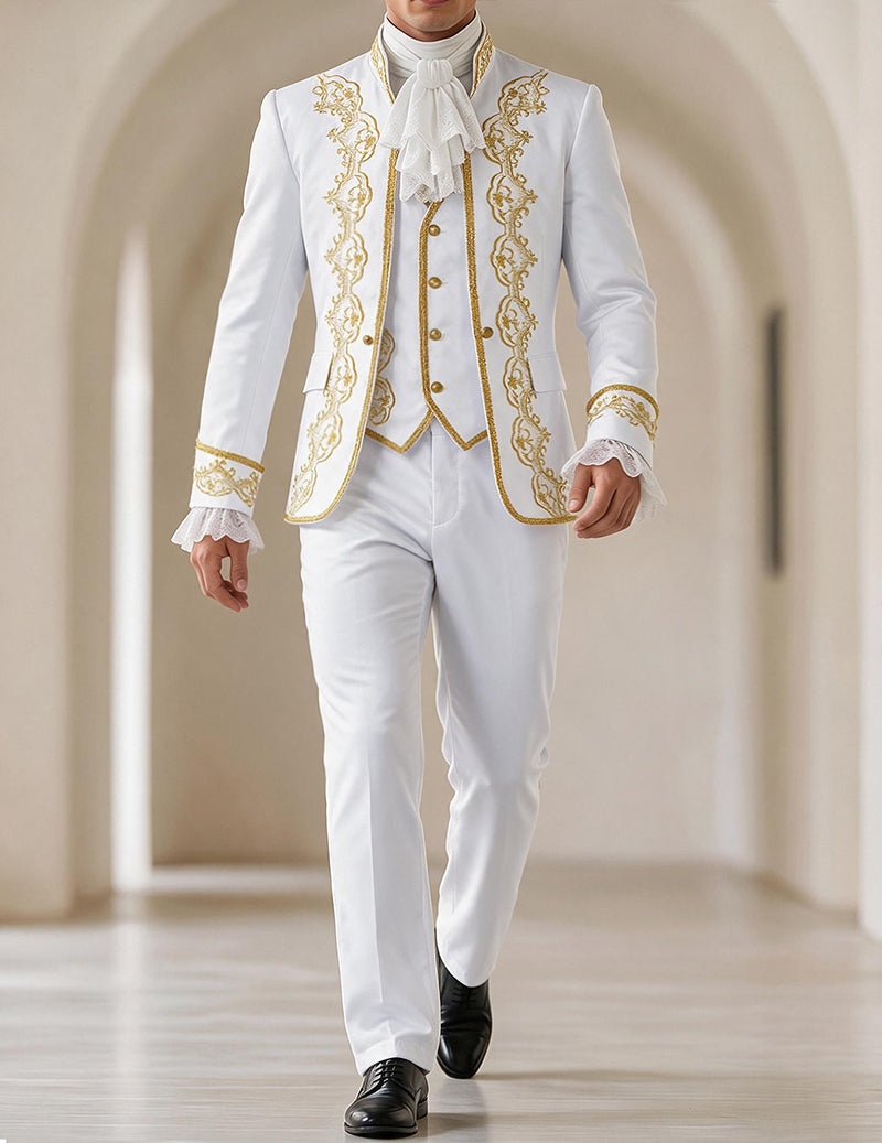 Men’s white medieval court coat, embroidered gold trim, with matching pants set
