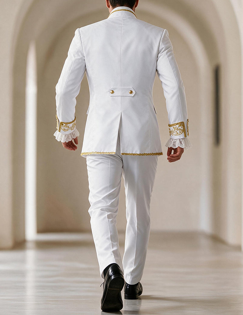 Men’s white medieval coat and pants set, gold embroidered trim, back view