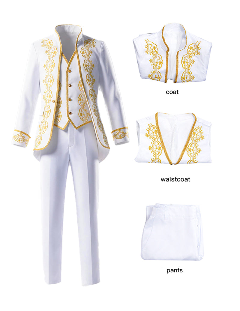 White men’s medieval court outfit set with embroidered coat, waistcoat, and pants