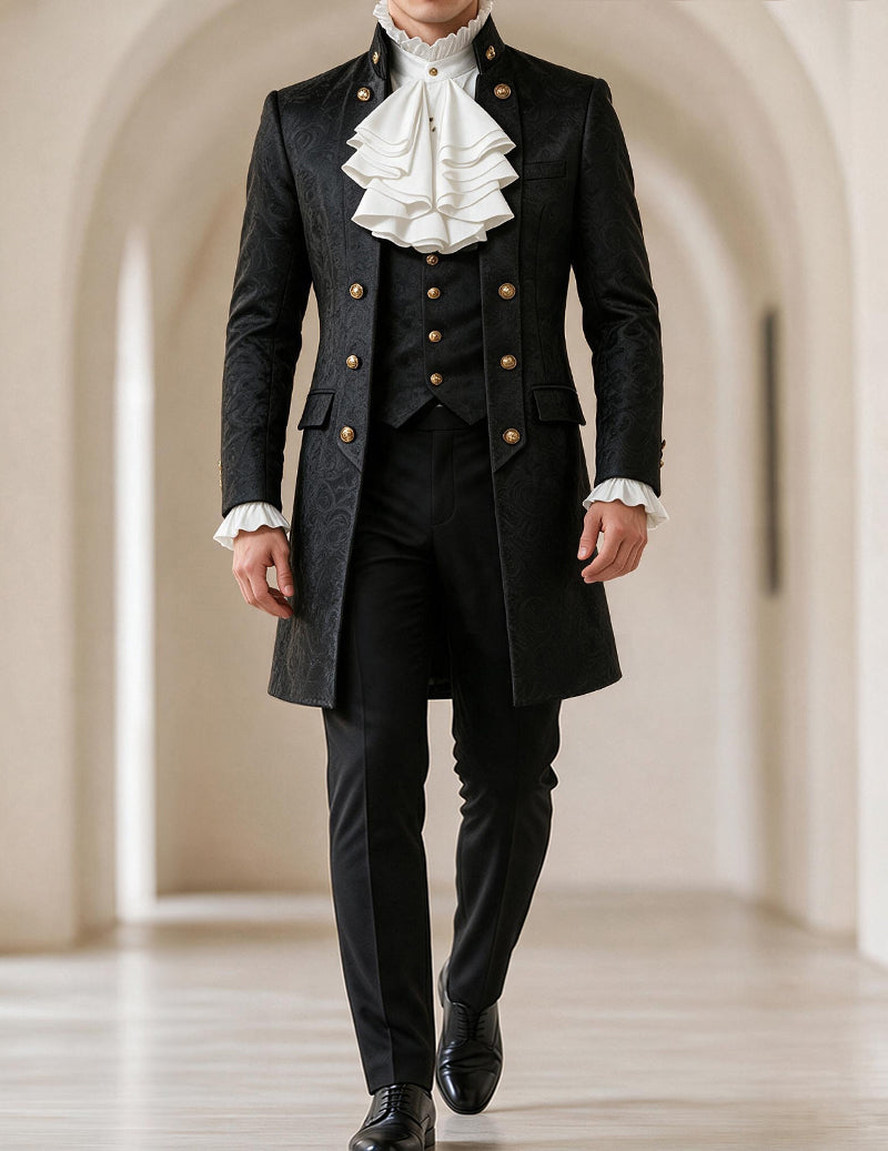 Men's black jacquard double-breasted coat set with gold buttons, ruffled shirt front, trousers