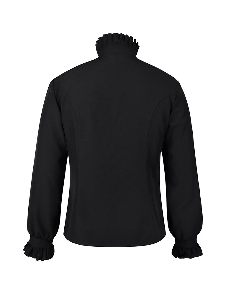 Black coat back with high neck and ruffled cuffs at the sleeves