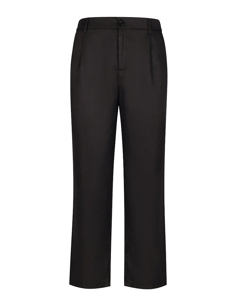 Black tailored trousers with belt loops, button closure, and straight legs