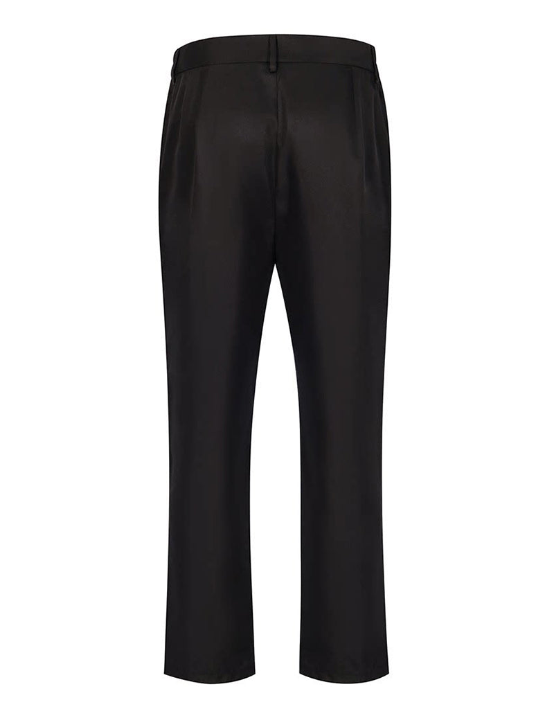 Black dress trousers with straight legs and center crease