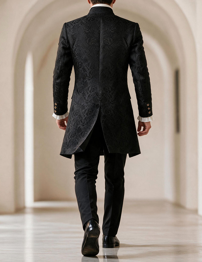 Men's black jacquard double-breasted coat set, back view with gold buttons and matching trousers