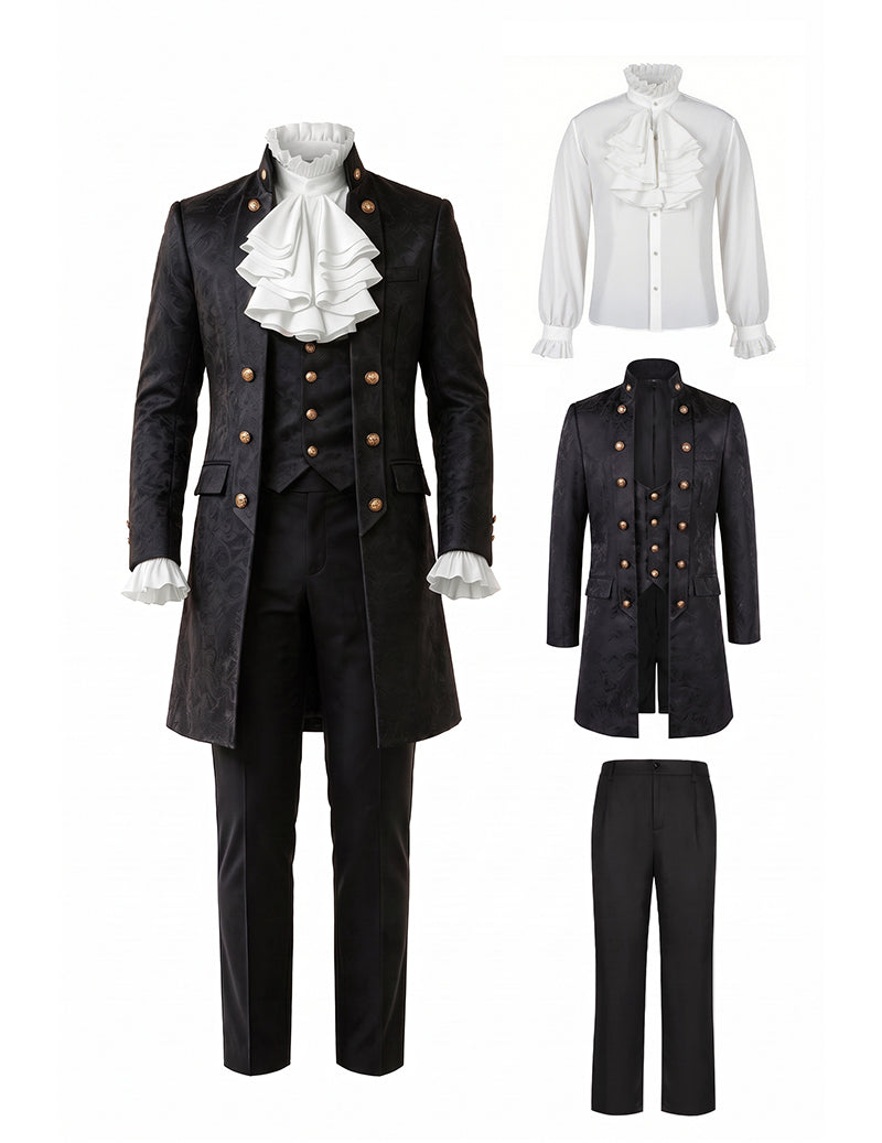 Men's coat set bundle: black double-breasted coat with trousers, plus white shirt and trousers