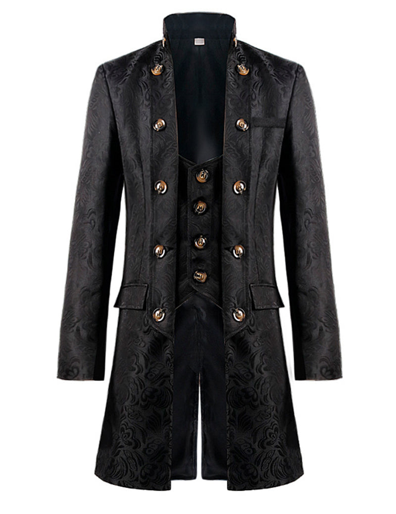 Black jacquard double-breasted coat with ornate gold-button trim and stand collar