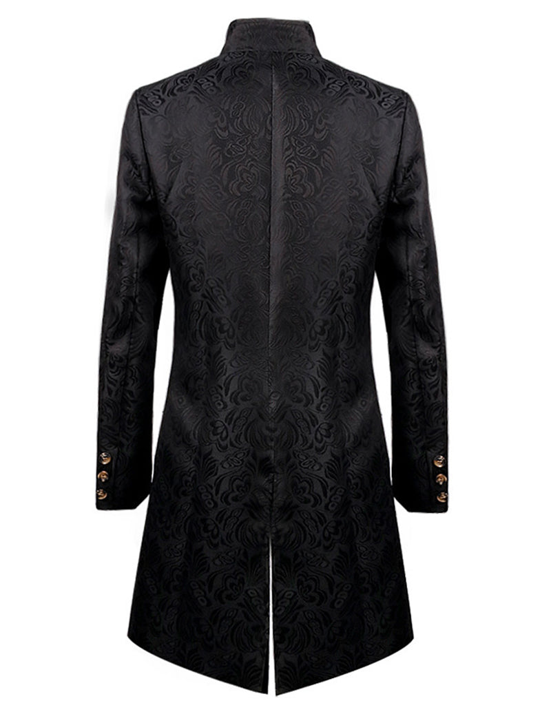 Black jacquard coat with stand collar, back view with patterned fabric