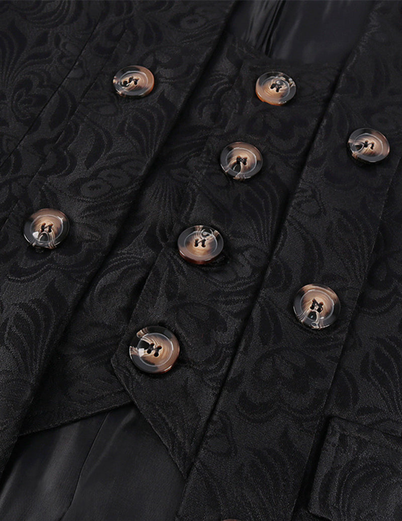 Black jacquard coat chest with decorative buttons and textured fabric