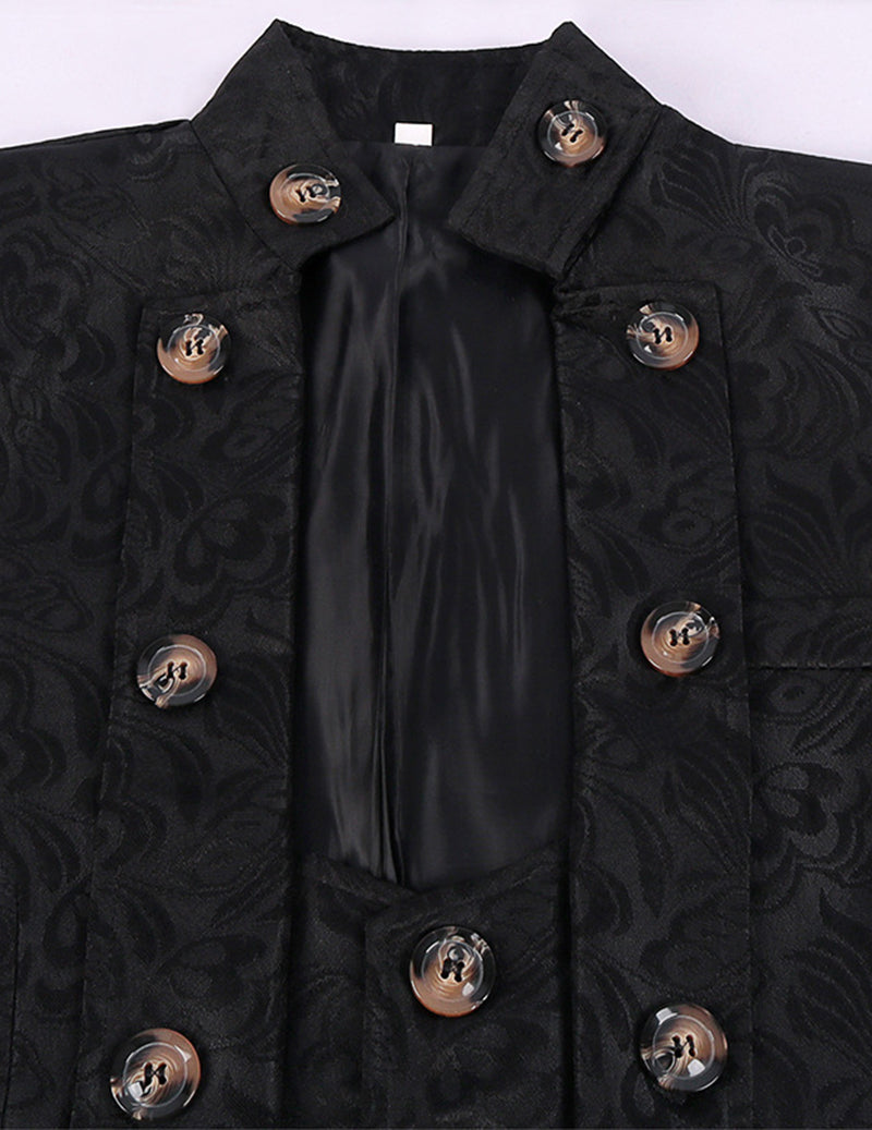 Black jacquard coat front with decorative round metal buttons