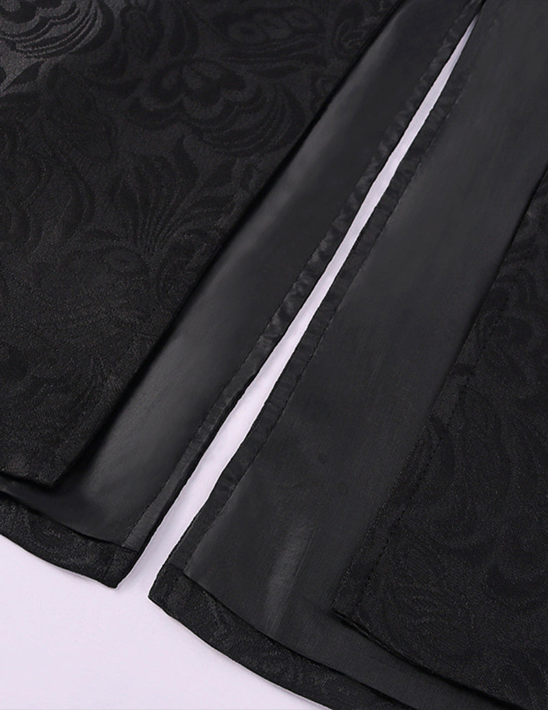 Black jacquard coat with contrast trim along the front edge