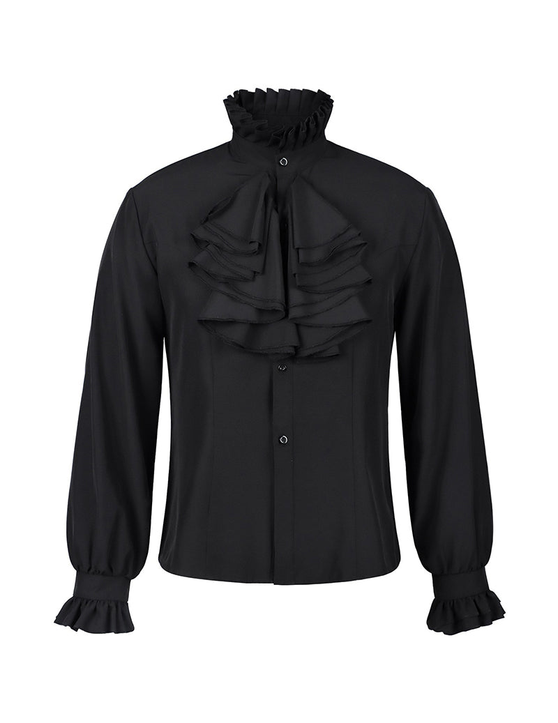 Black jacquard double-breasted coat with high ruffle collar and cuffed sleeves