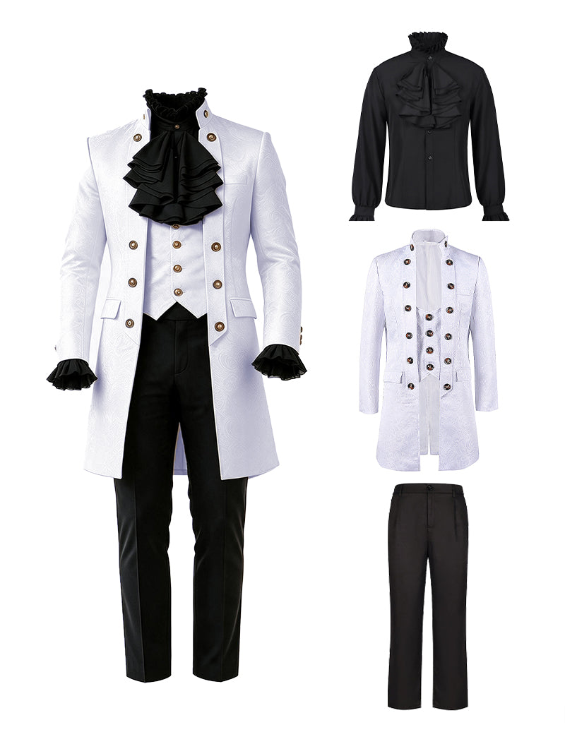 Men's coat set bundle: black jacket and trousers, plus white jacket, shirt, and trousers