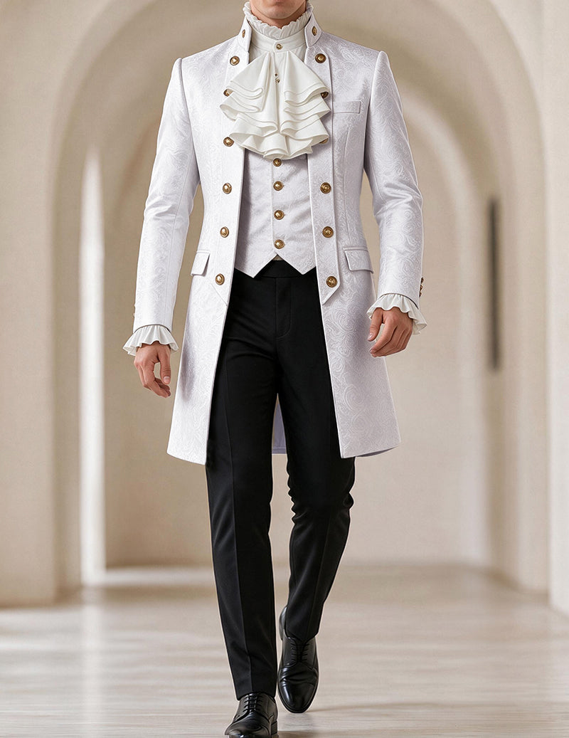 Men's white jacquard double-breasted coat set with gold buttons, ruffled shirt front, trousers