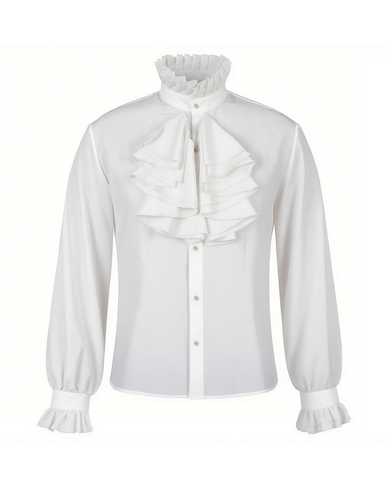 White jacquard double-breasted coat with ruffle collar, front button placket