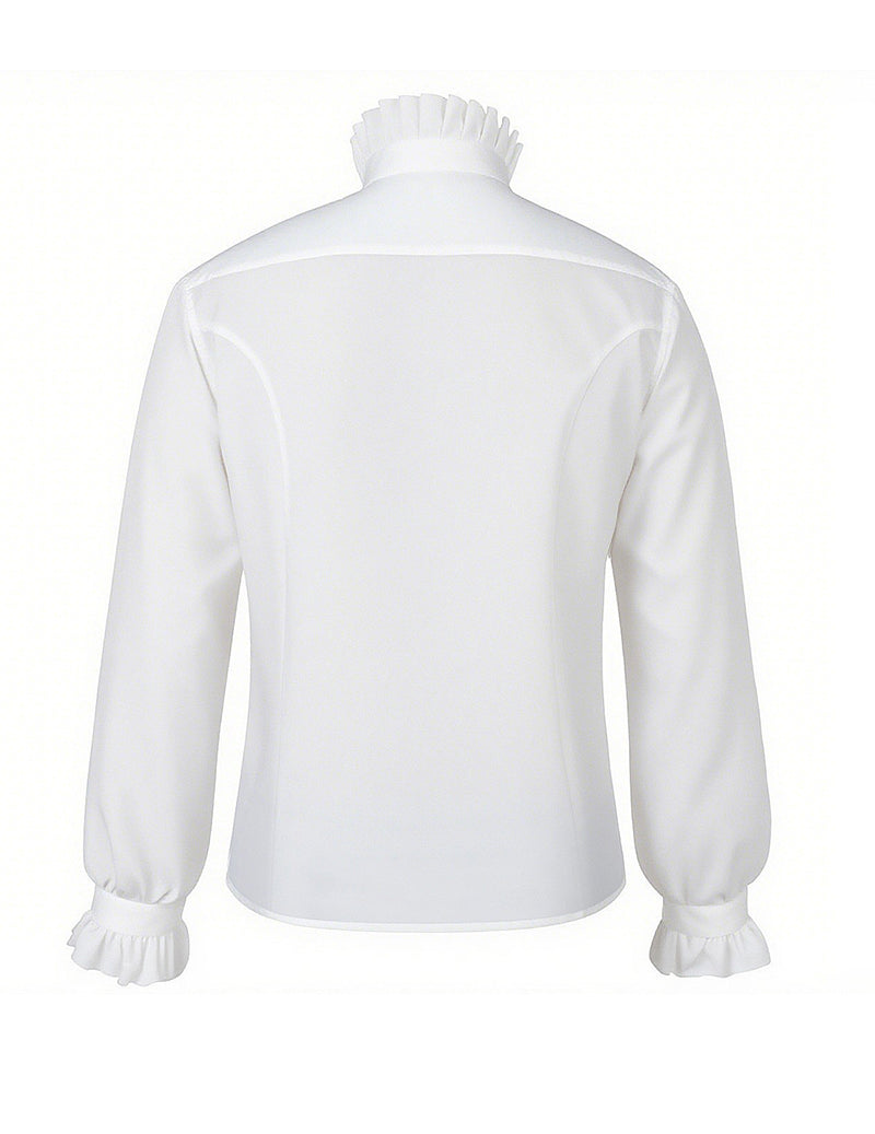 White jacquard coat with stand collar, back view and ruffled cuffs